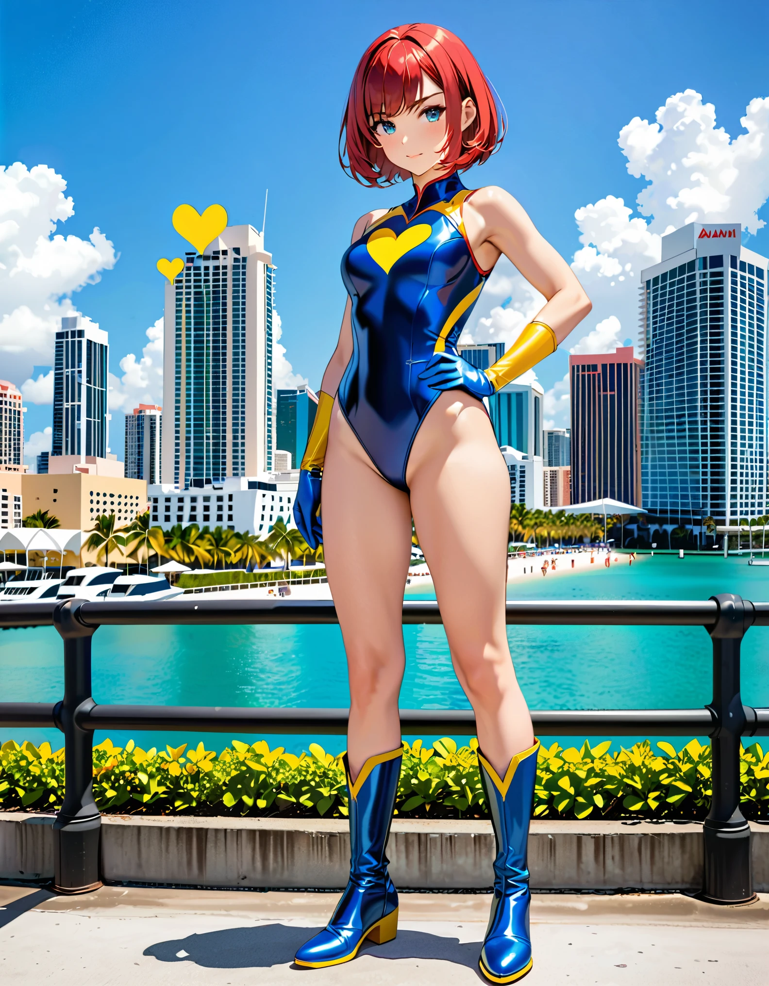 ((masterpiece)), ((best quality)), ((high res)), 1girl, solo, solo focus, single, superhero, heroic, (leotard, gymnast outfit leotard, dark blue leotard with yellow accents, sleeveless, bare legs), (knee boots, matching boots), looking at the viewer, miami city backdrop, perfect hands, complete fingers, (blue gloves, matching gloves), perfect anatomy, perfect proportions, medium breasts, (red hair, short hair, bob hair, bangs), light blue eyes, beautiful detailed eyes, beautiful detailed face, cute face, hands on hip, standing, standing straight, full body with costume, cowboy shot, ((yellow heart symbol on chest)), serious
