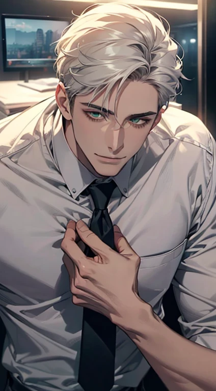 (Highest quality,4K,8K,High resolution,masterpiece:1.2),Super detailed,(Realistic,photoRealistic,photo-Realistic:1.37),1 person,34 years old,Mature Men,Beautiful skin、very handsome,Expressionless smile in love,Short white hair,green eyes,Sharp Eyes,A perfect face without a doubt,Businessman, CEO, Office Background,Cinema Lighting,HDR image,tie、