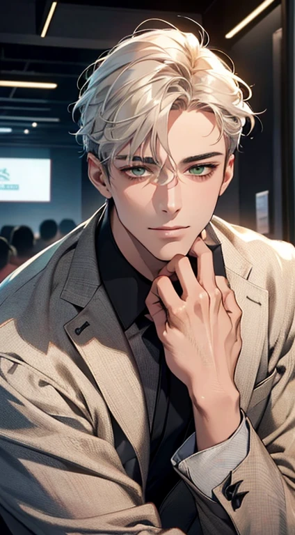 (Highest quality,4K,8K,High resolution,masterpiece:1.2),Super detailed,(Realistic,photoRealistic,photo-Realistic:1.37),1 person,34 years old,Mature Men,Beautiful skin、very handsome,Expressionless smile in love,Short white hair,green eyes,Sharp Eyes,A perfect face without a doubt,Businessman, CEO, Office Background,Cinema Lighting,HDR image,tie、