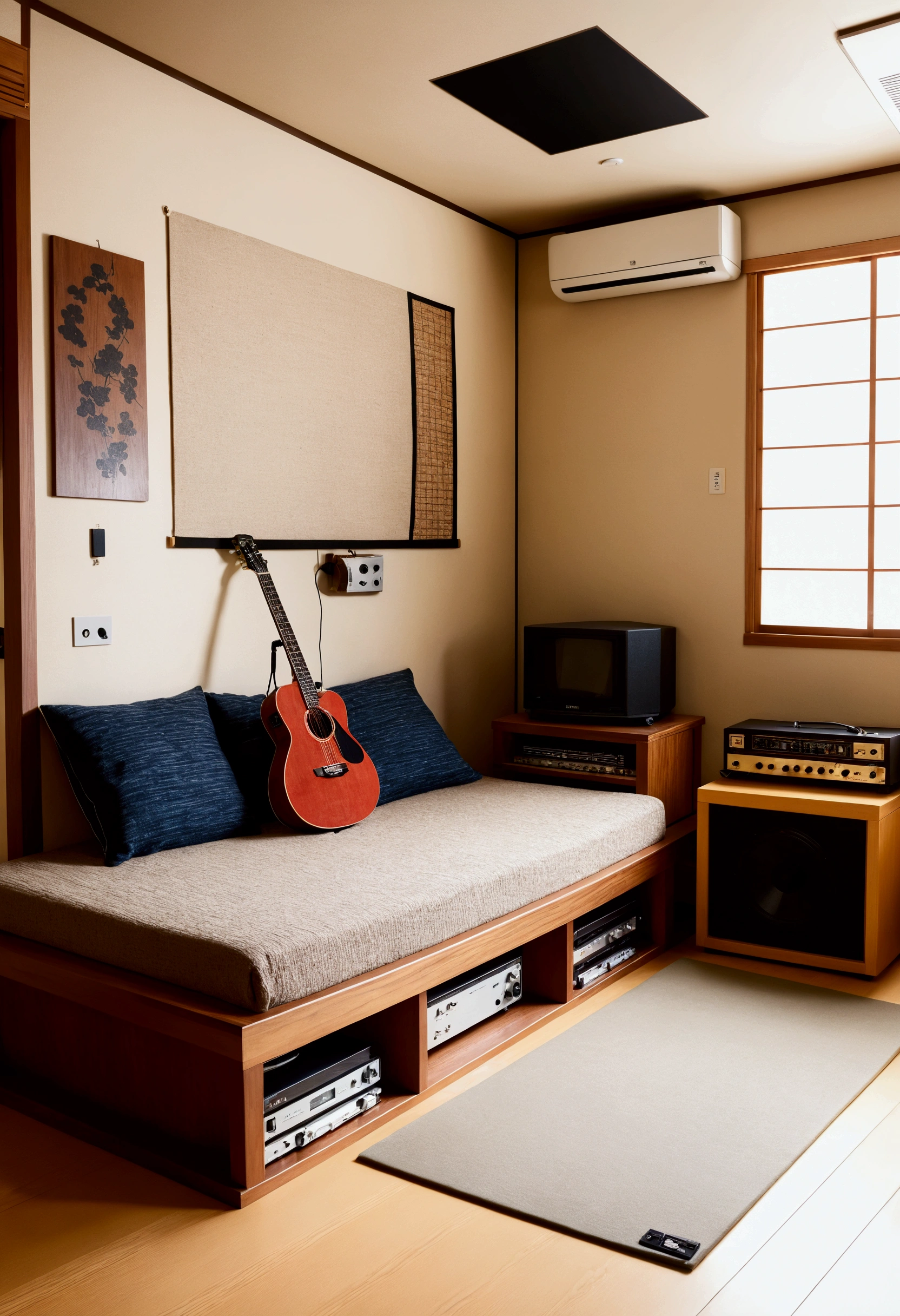 Japanese-style room、Records on the wall、Plaster walls、Big audio set、Japanese chest of drawers、tatami、Low table、skateboard、Stadium jumper on a hanger、Electric guitar、Headphones、