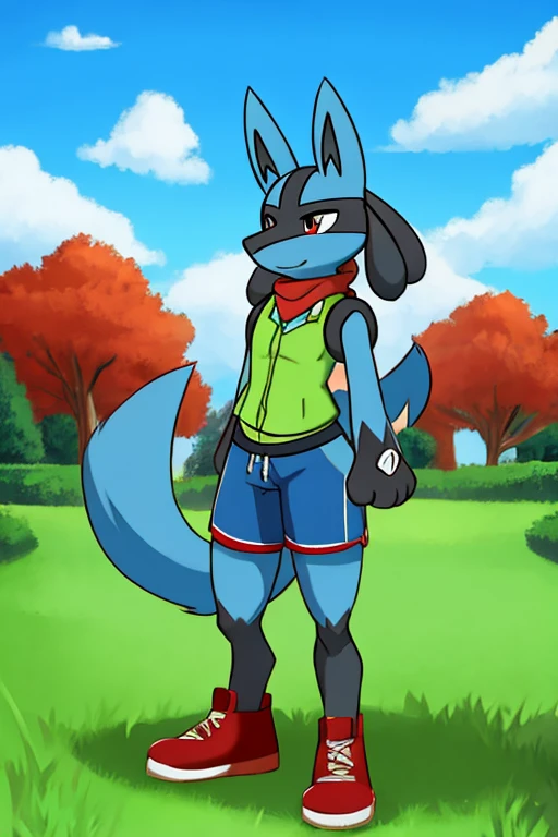 Lucario, Red scarf, Red Cap, green vest, shorts azules