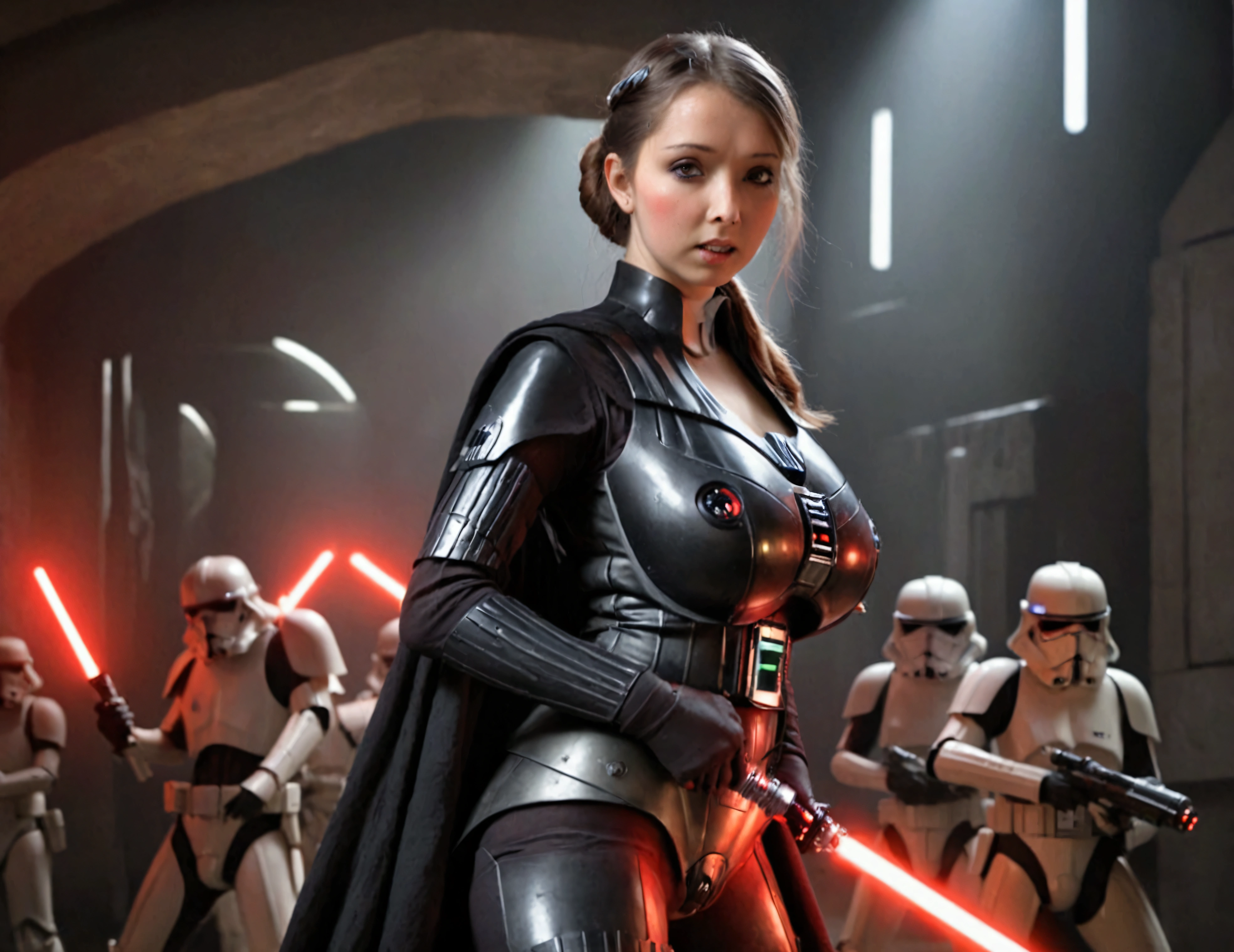 A cute woman, 25 years old, in a sexy Darth Vader outfit, wielding a red lightsaber, battling her way through battle droids and Rebel soldiers, menacing poses, sci-fi horror, detailed face, beautiful eyes, detailed high quality, dark moody lighting, dramatic cinematic lighting, photorealistic, concept art style, dynamic action scene, vivid colors, ultra-detailed, 8k, masterpiece