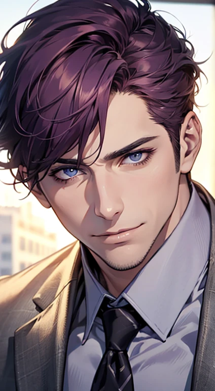 (best quality,4k,8k,highres,masterpiece:1.2),ultra-detailed,(realistic,photorealistic,photo-realistic:1.37),1 man,31 years old,mature man,very handsome,without expression,smile,short purple hair,blue eyes,penetrating gaze,perfect face without errors,imposing posture,businessman,office background,cinematic lighting,hdr image