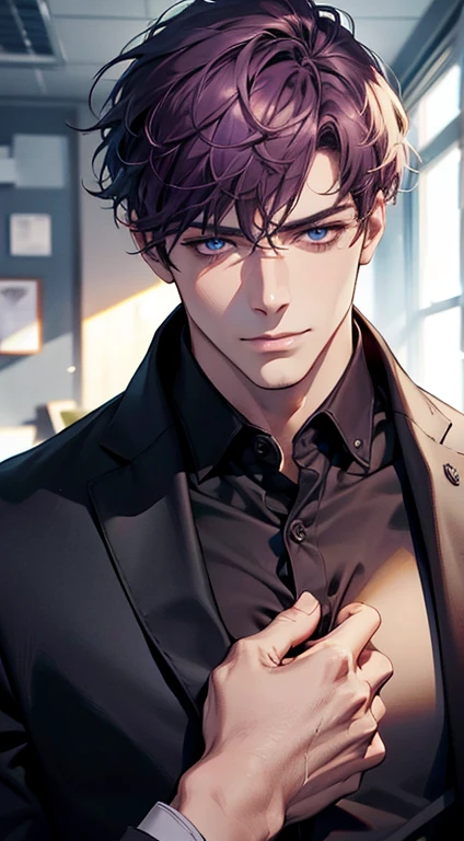 (best quality,4k,8k,highres,masterpiece:1.2),ultra-detailed,(realistic,photorealistic,photo-realistic:1.37),1 man,31 years old,mature man,very handsome,without expression,smile,short purple hair,blue eyes,penetrating gaze,perfect face without errors,imposing posture,businessman,office background,cinematic lighting,hdr image