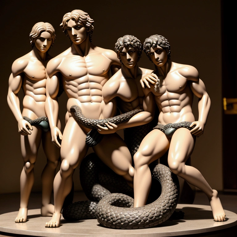 masterpiece, best quality, source anime, official art, 8k, ultra-detailed,very aesthetic, absurdres, perfect anatomy, perfect face,  cinematic lighting, Perfect Hands,Laocoön and His Sons,large serpent,statue,betterhand