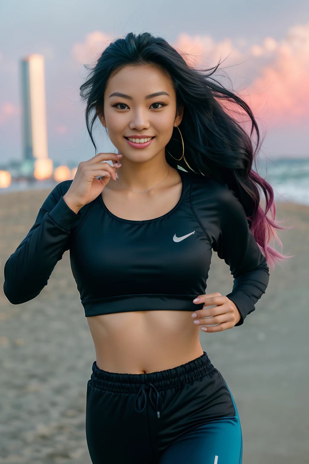 arafed woman with long black hair with blue highlights jogging on the beach, flowing long black hair with deep blue high lights, with black hair and blue high lights, photo of a beautiful woman, long flowing black hair, pink golden hour, curly pink hair, beautiful young asian woman, beautiful asian woman, wild ginger hair, pink wispy hair, light pink hair, a young asian woman, an asian woman, infp young woman, full body photo of a 24-year-old french girl in RAW UHD format (Black-eyed woman) run down the beach, Details (textures! , Hair! , glistering, Color!! , imperfections: 1.1), highly detailed glossy eyes (looking at the camera), DSLR Lighting, SLR camera, Ultra-Quality, sharpness, Depth of field, Film grain (Downtown), Fujifilm XT3, Crystal clear, Frame Center, beatiful face, sharp-focus, , neon lighting, bokeh (lit), day time, (open sky), detailed skin pores, oilly skin, suntan, Complex eye details, (smiling), ((long distance)), ((full body)), ((jogging clothes)), (beautiful elegant hands)(good soft curved hands)