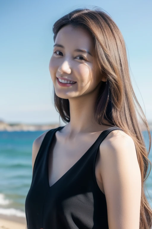 One girl,(Wearing a v-neck sleeveless top),( Sheer blouse),(RAW Photos, Highest quality), (Realistic, photo-Realistic:1.4), masterpiece, Very delicate and beautiful, Very detailed, 2k wallpaper, wonderful, In detail, Very detailed CG unity 8k wallpaper, Very detailed, High resolution, Soft Light, Beautiful detailed girl, Very detailed eyes and face, Beautifully detailed nose, Beautiful attention to detail,Cinema Lighting,Clear blue sky,coastline,The cape is visible in the distance,Perfect Anatomy,Slender body,smile  