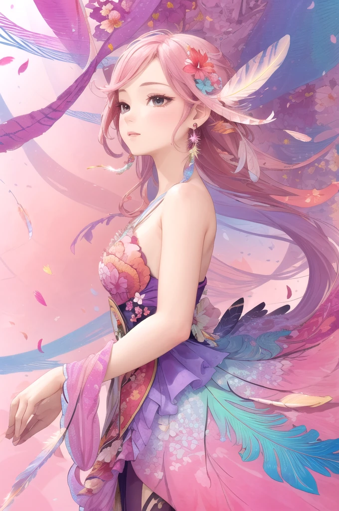 (One girl, alone, From the side), Very detailed, (Abstract background, Tangled, Fractal Art:1.3), (Many colors, colorful:1.1), (feather, petal, Flowers:1.3), Dynamic pose, Earrings , Pink Hair
