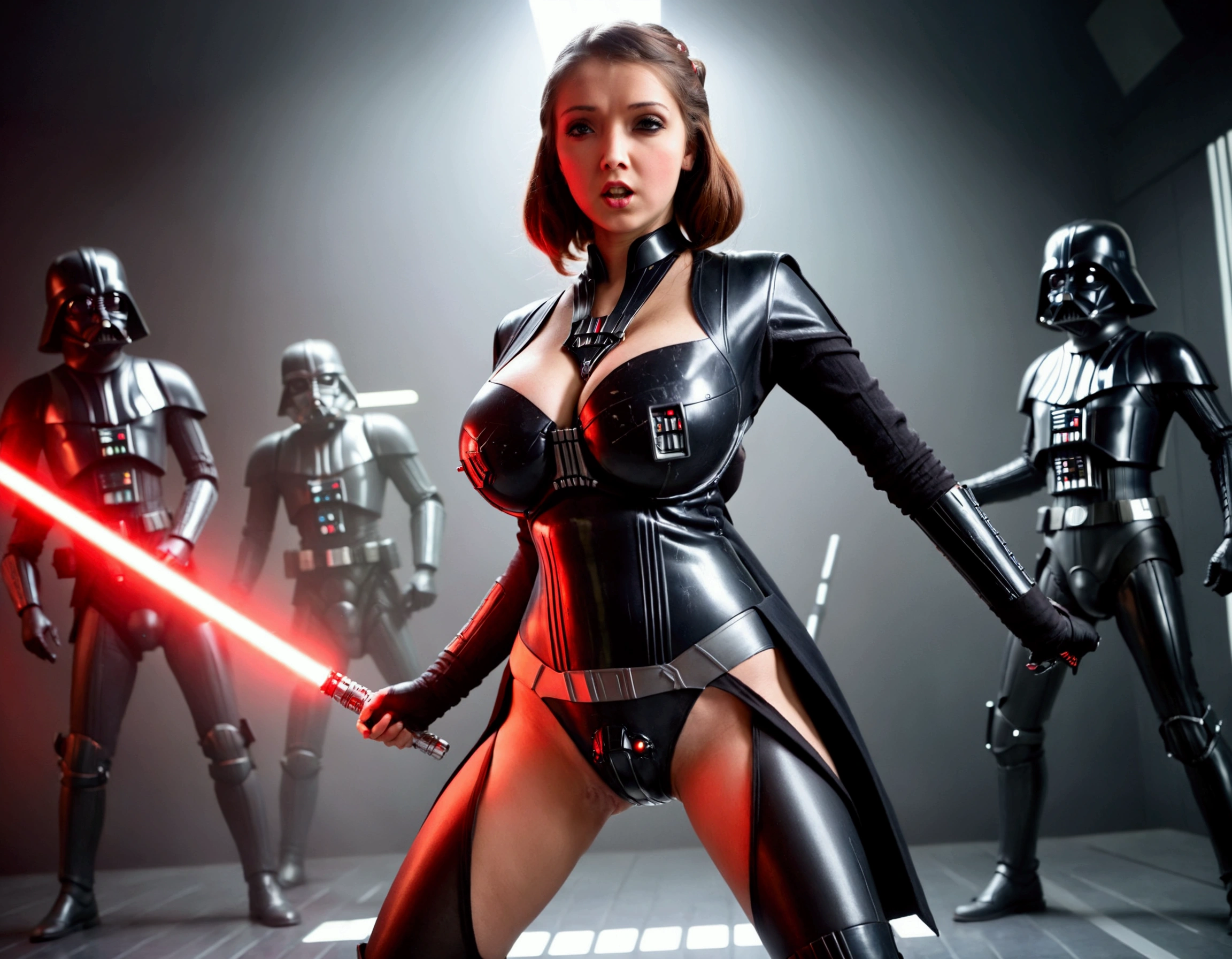 A cute woman (age 25, sexy Darth Vader outfit) is wielding one red light saber. She is battling her way through battle droids and Rebel soldiers. Menacing poses, sci fi horror