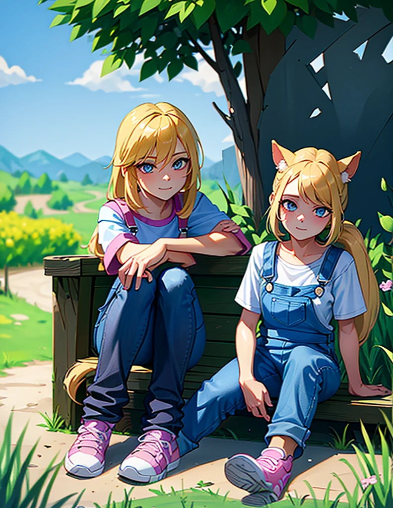 beautiful girl, long light yellow hair, Horse tail, blue eyes, White shirt, with blue overalls, pink tennis shoes, sitting, sitting al aire libre, in the countryside, happy, expresión happy,