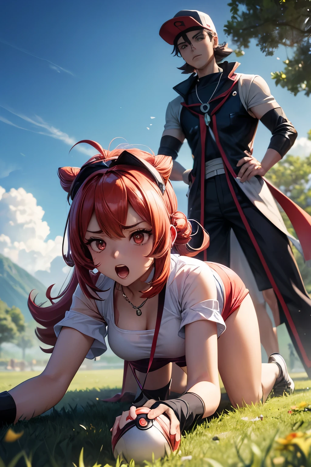 8k, raw photo, masterpiece, extremely detailed, best quality, professional lighting, high res, bautiful girl, (2 models, 1 girl and 1 man, man is standing behind her, the man is holding a Poké ball:1.3), BREAK ((Pokémon, Poké ball)), small Poké ball, (she was turned into one of the Pokémons, she became one of the monsters of Pokémon, (she came out from the Poké ball),  a male Pokémon trainer controls her, she is controlled as a Pokémon:1.4), (the man of her master wearing cap is standing behind her, a man controls her:1.3), (she is forced submitting to her master), brainwashed, hypnotized, BREAK (outdoor), grassland, (she is on all fours and barking like a dog,:1.3), her body is being controlled, (she is his pet), panic, confused face, (red eyes due to hypnosis), embarrassed, opened-mouth
