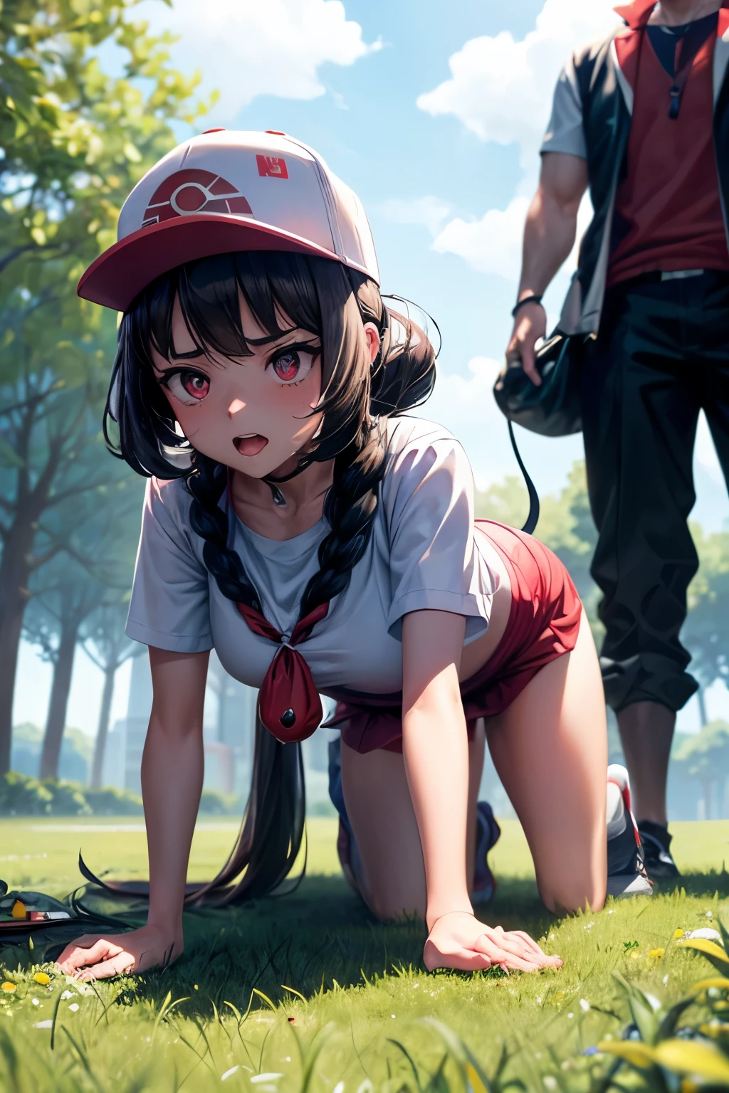 8k, raw photo, masterpiece, extremely detailed, best quality, professional lighting, high res, bautiful girl, (2 models, 1 girl and 1 man, man is standing behind her, the man is holding a Poké ball:1.3), BREAK ((Pokémon, Poké ball)), small Poké ball, (she was turned into one of the Pokémons, she became one of the monsters of Pokémon, (she came out from the Poké ball),  a male Pokémon trainer controls her, she is controlled as a Pokémon:1.4), (the man of her master wearing cap is standing behind her, a man controls her:1.3), (she is forced submitting to her master), brainwashed, hypnotized, BREAK (outdoor), grassland, (she is on all fours and barking like a dog,:1.3), her body is being controlled, (she is his pet), panic, confused face, (red eyes due to hypnosis), embarrassed, opened-mouth