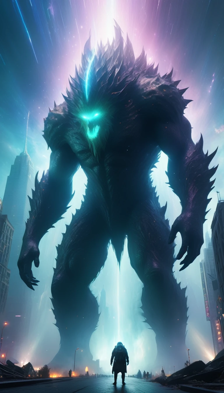 masked huge monsters, destroyed cities, iridescent cosmic rays, (ultra detailed, absolutely resolution, best quality:1.3), 2.5D, delicate and dynamic, fantastic lighting effects, foggy effects
