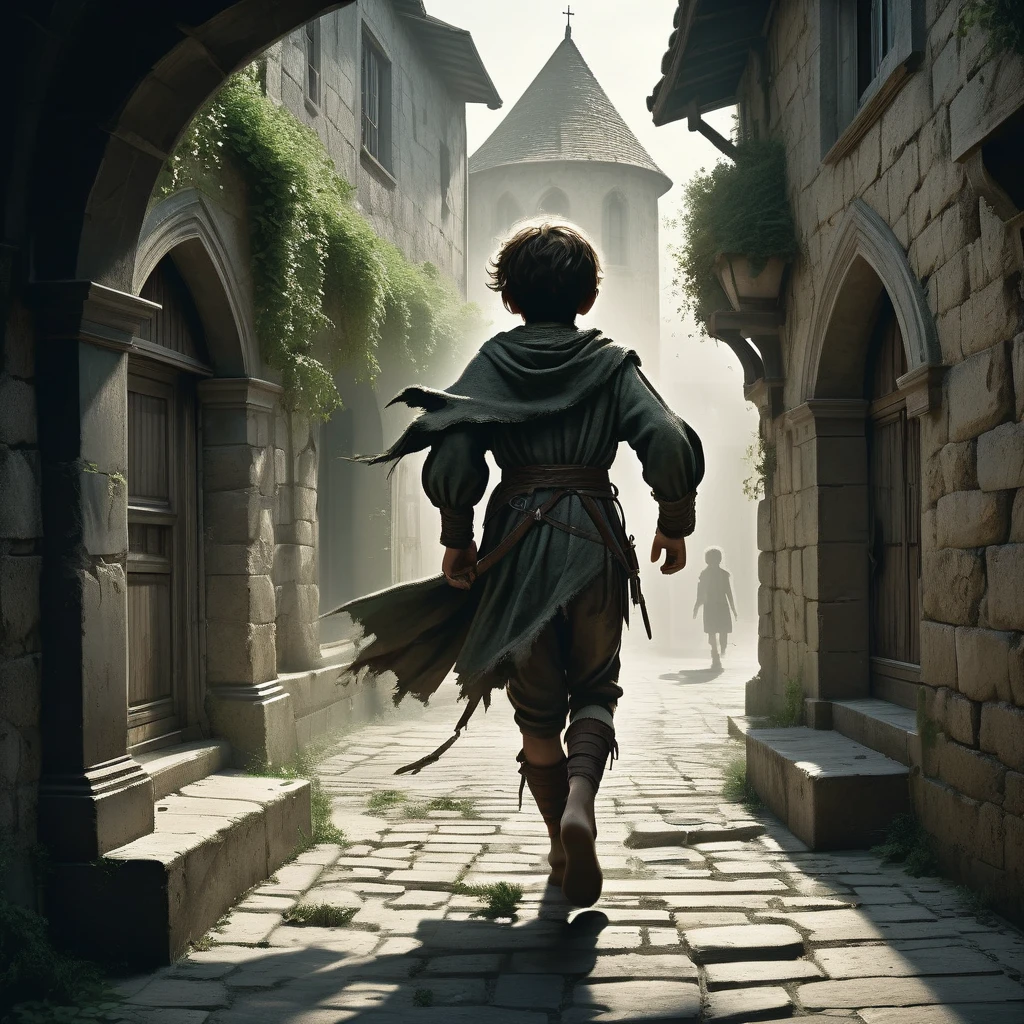 A backview of young boy with tousled hair sprints through the empty, cobblestone streets of a medieval city. He wears a simple tunic and breeches, both dirt-stained and frayed at the edges. The sun hangs low in the sky, casting long, eerie shadows that stretch across the deserted buildings. The windows of the stone and timber houses are dark, and their shutters hang askew, giving an abandoned and foreboding feel. Cracked pavement and scattered debris tell tales of long-forgotten chaos. The boy's expression is one of determination and fear as he runs, his bare feet barely making a sound on the worn stones. Ancient, ivy-covered walls and weathered statues loom over him, adding to the haunting atmosphere of this medieval dark fantasy scene. A sense of urgency pervades the air, as if the boy is fleeing from an unseen danger lurking in the depths of the silent city."