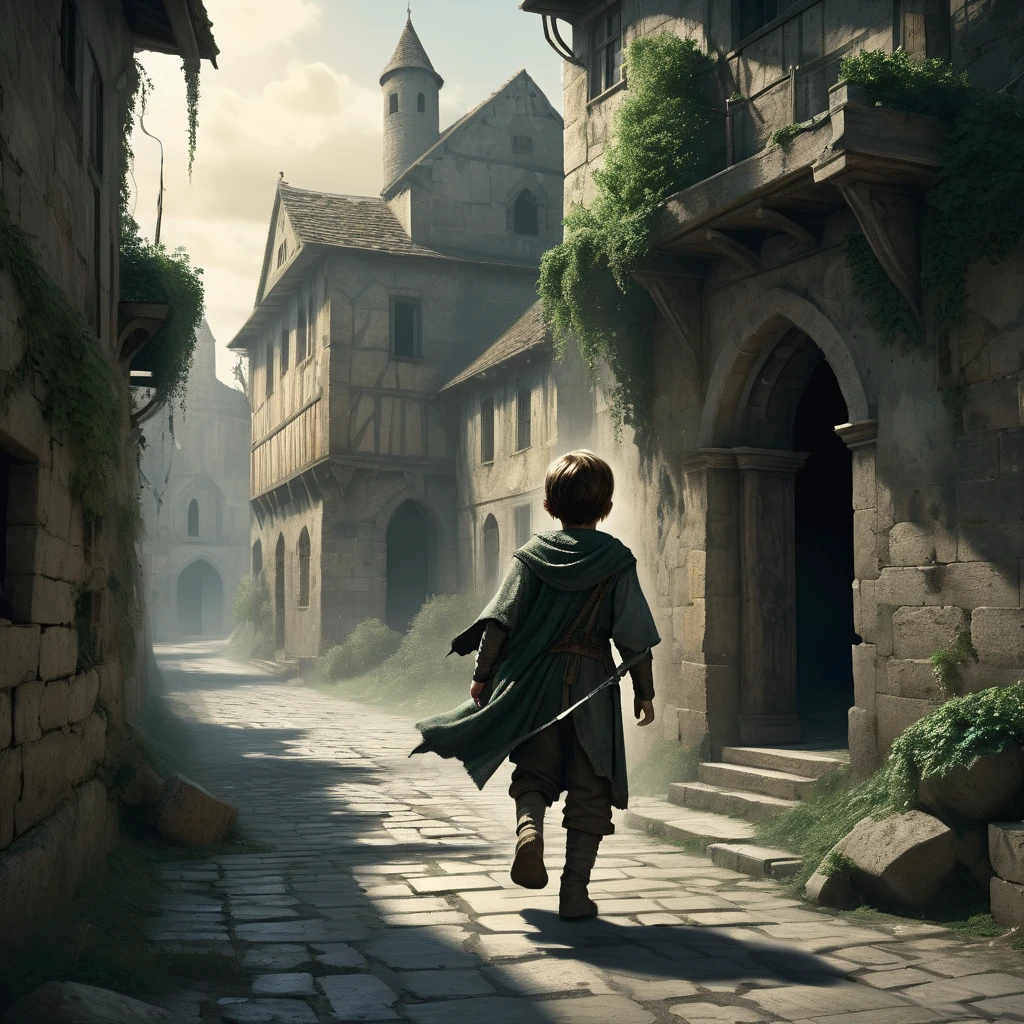 A backview of young boy with tousled hair sprints through the empty, cobblestone streets of a medieval city. He wears a simple tunic and breeches, both dirt-stained and frayed at the edges. The sun hangs low in the sky, casting long, eerie shadows that stretch across the deserted buildings. The windows of the stone and timber houses are dark, and their shutters hang askew, giving an abandoned and foreboding feel. Cracked pavement and scattered debris tell tales of long-forgotten chaos. The boy's expression is one of determination and fear as he runs, his bare feet barely making a sound on the worn stones. Ancient, ivy-covered walls and weathered statues loom over him, adding to the haunting atmosphere of this medieval dark fantasy scene. A sense of urgency pervades the air, as if the boy is fleeing from an unseen danger lurking in the depths of the silent city."