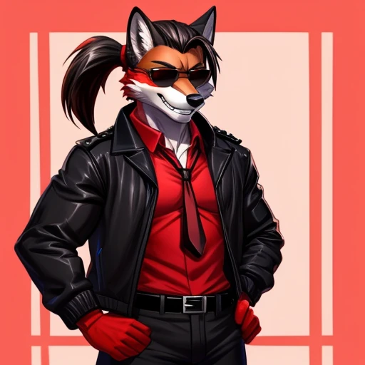 Mâle red fox(masterpiece, best quality:1.2), htjusticedef, grin, looking at viewer, hands on hips, sunglasses,(black jacket on shoulders:1.5), (red shirt:1.5), black necktie, short sleeves, red gloves, black pants, belt,brown ponytail hairstyle,muscular