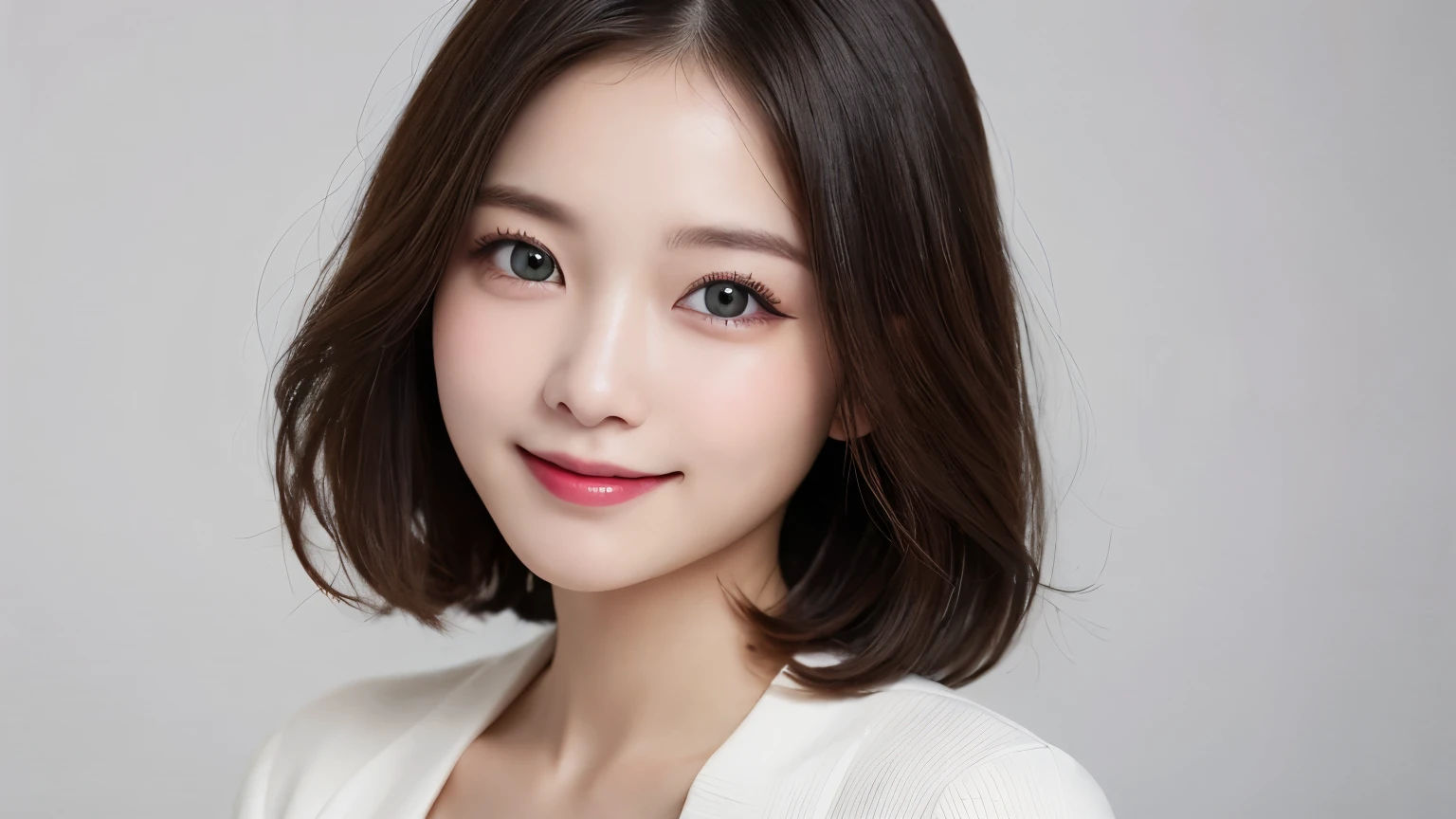 white background, bust shot, tabletop, looks happy, smile, short hair, highest quality, shape, Super detailed, finely, High resolution, 8k wallpaper, Perfect dynamic shape, beautiful and detailed eyes, D cup, natural color lip,smile、20 year old girl, Beautiful and dense face、perfect and beautiful face,Big eyes、real photos（best image quality）, business casual (off white)、looking at camera、Please stand、Do gal makeup