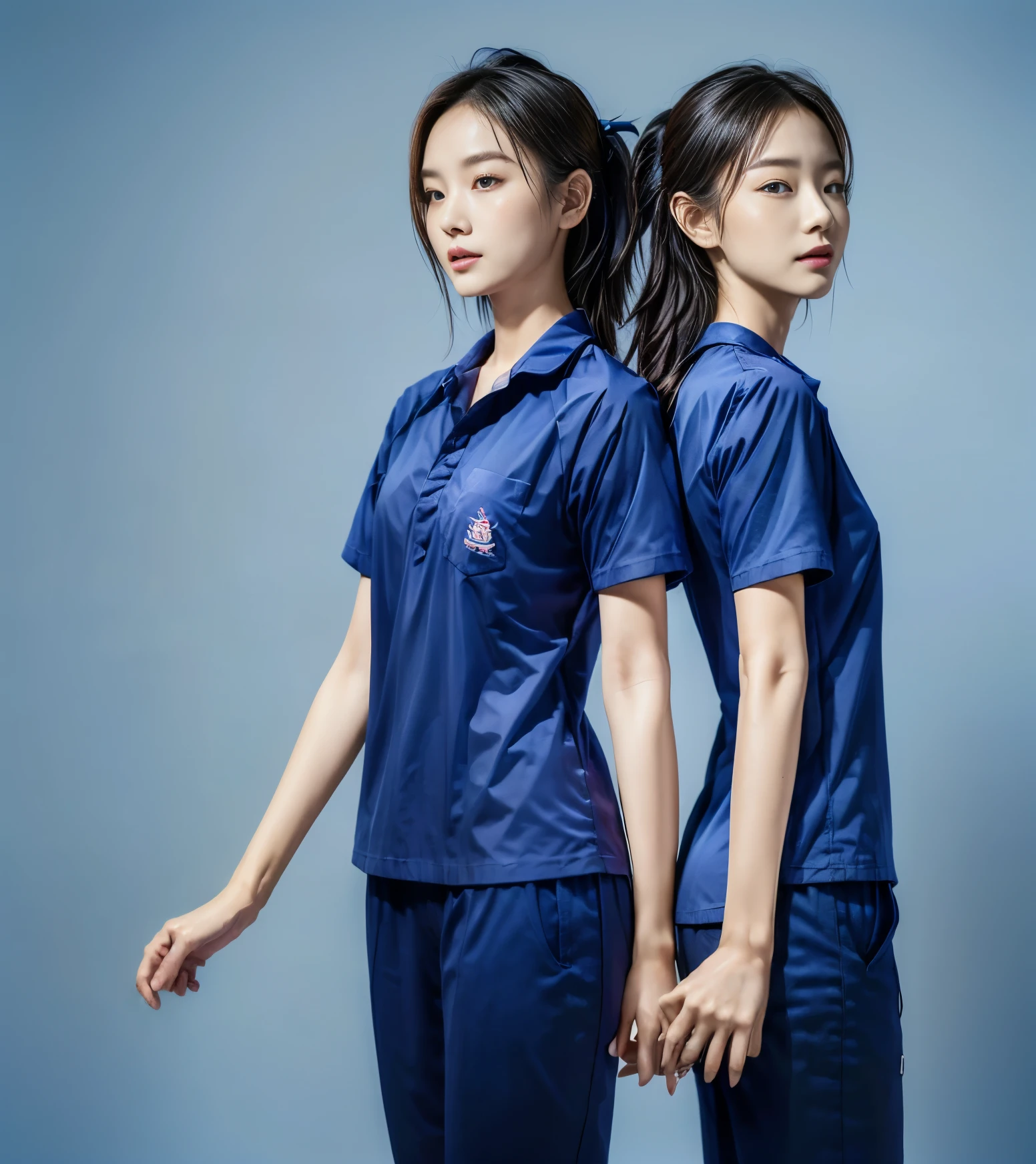 (best quality,10,10,height,Masterpiece:1.2),Special details,(realistic,ภาพrealistic,Realistic photos:1.37),1 Cute girl in the kitchen,shiny, ผิวshiny,only,smile softly,BDclothelue shirt:1.3)),short sleeve,shirt, กางเกงขาlong.,(navy_long_track pants:1.1), ((Kitchen Background)),Dynamic angle,excited,Face focus,dynamic poses,from behind,focus on ass,Masterpiece, best quality, ultra realistic, hyper detail, 8k resolution, raw photos, Sharp focus, ((Navy blue shirt:1.1)), short sleeve, เส้นทางlong, perfect body, 2 mature women, 18 years old, Cinema-grade lighting system,blue sweatpants,shirtผ้าออกกำลังกาย,correct anatomy,perfect body, correct body, Sharp face, correct bodyทางกายวิภาค, full body, realistic gestures, long-haired, realistic poses,Wear long shorts...........................,ช่วงขาlong,Good shape,carved girl, Slender figure, model, Good shape, beautiful body,blue sweatpants, two girls kissing