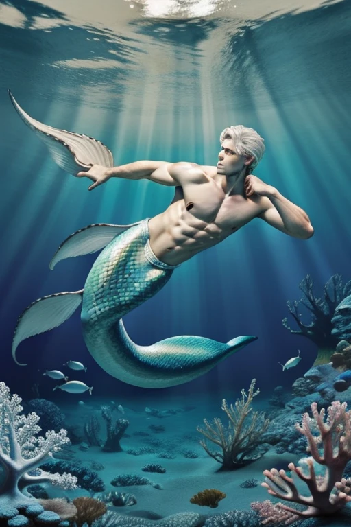 Quarter body photorealistic handsome Hunky fractal long hair mermaid prince. half human half white dolphin,,underwater scene , wearing white, in action Mermaid, 18 year old, white hair, blue eyes, full body view, short hair, cute handsome man, muscular body, cartoon, ocean, mermaids tail, white scales, no legs, sitting on big shell
