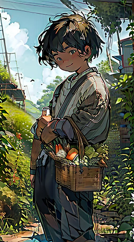 Man working in the fields、Holding a basket full of vegetables、smile