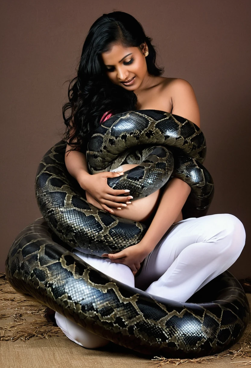 Pregnant Happy Horny, aroused 1girl), beautiful kneeling Indian young teen girl with giant colossal black titanboa squeezing her hard, wrapped in thick spiraling coils, constricted, struggle, gasping for air, snake attack, snake peril, moonless night, dim light