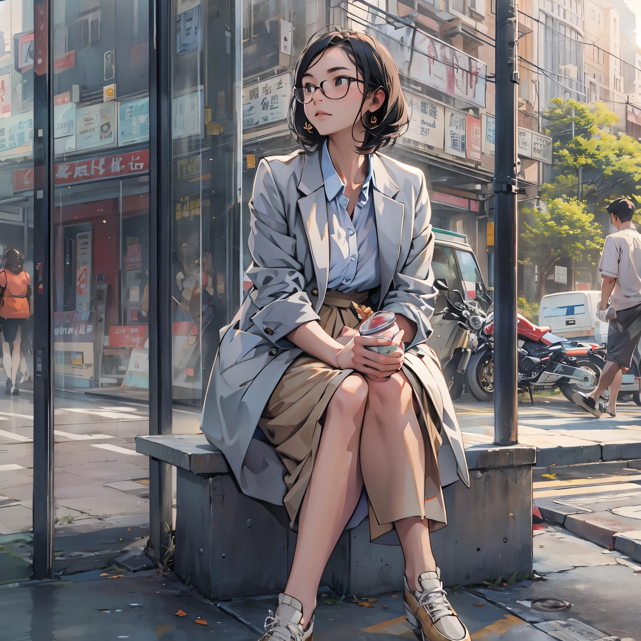 A woman waiting at the meeting point。Stylish and cool atmosphere。The background is the city。