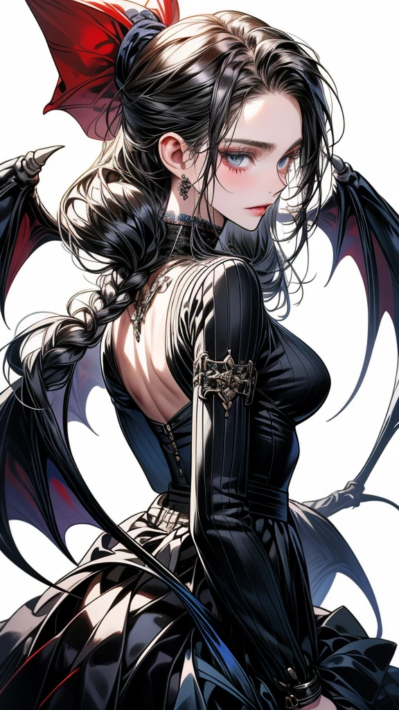 One Beautiful woman、unique long hairstyle 、black hair color ,  blue eyes、small face、anime makeup、"A girl with a gorgeous and androgynous face"、white skin、cold sharp eyes、Very thin eyebrows、tall、stylish black luxury fashion、stylish outfits 、、19 years old、British girl、Has a languid look、anger、Lower the corners of your mouth with no expression on your face、Photographed from the side diagonally、model photoshoot、masterpiece、highest quality、high resolution、luxurious 、glaring expression、korean makeup 、Cool photos、blurred black filter, black suit , arms tattoos、Various poses、rich , handsome girl, an expression of despair, lifeless eyes , darkness, vampires, gorgeous body, plump body curves, big breasts , perfect body 