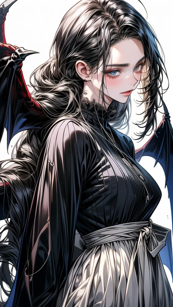 One Beautiful woman、unique long hairstyle 、black hair color , blue eyes、small face、anime makeup、"A girl with a gorgeous and androgynous face"、white skin、cold sharp eyes、Very thin eyebrows、tall、stylish black luxury fashion、stylish outfits 、、19 years old、British girl、Has a languid look、anger、Lower the corners of your mouth with no expression on your face、Photographed from the side diagonally、model photoshoot、masterpiece、highest quality、high resolution、luxurious 、glaring expression、korean makeup 、Cool photos、blurred black filter, black suit , arms tattoos、Various poses、rich , handsome girl, an expression of despair, lifeless eyes , darkness, vampires, gorgeous body, plump body curves, big breasts , perfect body