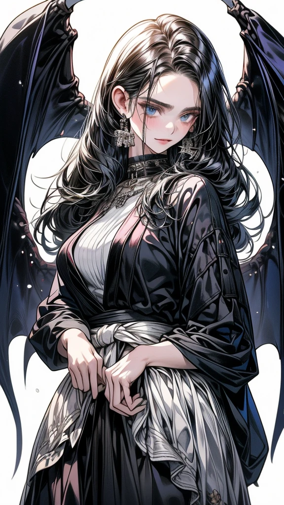 One Beautiful woman、unique long hairstyle 、black hair color , blue eyes、small face、anime makeup、"A girl with a gorgeous and androgynous face"、white skin、cold sharp eyes、Very thin eyebrows、tall、stylish black luxury fashion、stylish outfits 、、19 years old、British girl、Has a languid look、anger、Lower the corners of your mouth with no expression on your face、Photographed from the side diagonally、model photoshoot、masterpiece、highest quality、high resolution、luxurious 、glaring expression、korean makeup 、Cool photos、blurred black filter, black suit , arms tattoos、Various poses、rich , handsome girl, an expression of despair, lifeless eyes , darkness, vampires, gorgeous body, plump body curves, big breasts , perfect body