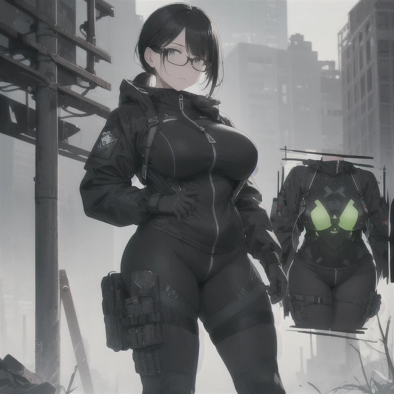 Absurd resolution,high resolution,(masterpiece: 1.4),hyper-detail,fullbody image,head to toe show,reference sheet style image,solo,shorter,A-Posed,glasses,kemono feline cat futanari,no skin other than neck and head shown, exo skeleton,watertight environmental suit,black hair,messy ponytail,cute face,detailed soft grey luminous eyes,huge massive hyper super swollen heavy milky breasts,breasts so big that cover her whole torso and are bigger than her head while being so big they reach her bellybutton,extremely super large swollen perky heavy bust,super huge enormously gigantic tits,gigantic breasts stretching/straining out of her outfit looking like they are about to burst out,breasts compressed squishing barely contained in outfit,inflated breasts,breast_expansion,super gigantic swollen heavy tits,wide full hips,narrower torso and shoulders,smaller torso,narrower waist,full thicc big soft thighs,thicc big full thighs,big rounded full soft butt,thicc butt,ruggedized utility styled outfit,fully insulated suit,full body outfit coverage with no skin showing or revealed,airtight/watertight zippers and seals,scifi monochrome black and grey fullbody covering protective padding rugged loose-fitted pilot utility suit with strategically placed protective padding,white watertight zipper utility cropped top for breasts support with a black strap horizontal across cleavage worn on top of suit,tactical strategic angular-patterned protective padding on hips and thighs and abdomen,practical/functional clothing,weather-proof durable clothing material,nylon clothing material,custom made clothing to fit and support large breasts,scifi padded rugged rigid high collar cropped cutout fitted techwear jacket,armored high collar,white and black triangular decals and techwear iconography on apparel and clothing,techwear gloves,ruggedized tech,ruggedized tech aesthetic,fitted utility pants,utility chaps,near future scifi,cyberpunk aesthetic,tactical aesthetic,nasapunk apparel,death stranding