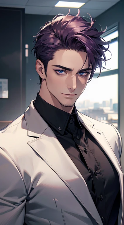 (best quality,4k,8k,highres,masterpiece:1.2),ultra-detailed,(realistic,photorealistic,photo-realistic:1.37),1 man,31 years old,mature man,very handsome,without expression,smile,short purple hair,blue eyes,penetrating gaze,perfect face without errors,imposing posture,businessman,office background,cinematic lighting,hdr image