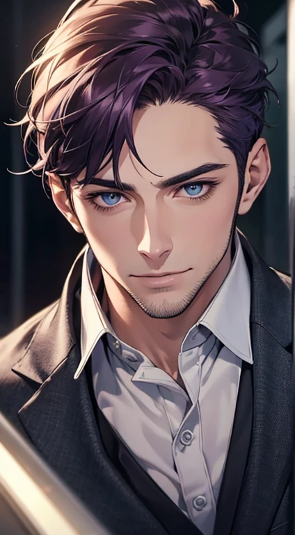 (best quality,4k,8k,highres,masterpiece:1.2),ultra-detailed,(realistic,photorealistic,photo-realistic:1.37),1 man,31 years old,mature man,very handsome,without expression,smile,short purple hair,blue eyes,penetrating gaze,perfect face without errors,imposing posture,businessman,office background,cinematic lighting,hdr image