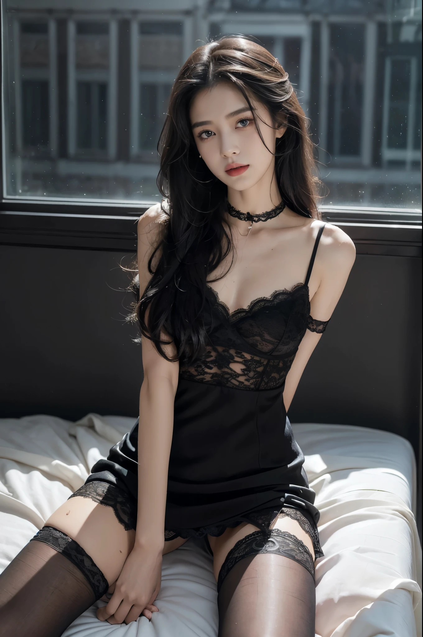 (((best quality))),(((ultra detailed))),(((masterpiece))),illustration,((a beautiful girl,solo)),(dog collar:1.2),((slim,thin)),((small breasts,flat chest)),(((sweat,wet))),(sitting:1.3),(arms behind back:1.3),(spread legs apart:1.3),in bedroom,((violent storm, glass window, shaking, rain, wind, hugging herself, clock, wall, calendar, bed)), soft covers, tenderness,(shoulder length straight hair:1.2), deep eyes, mix of emotions,(flowing black lace dress:1.3),(black stockings:1.3), billowing, face serene, hint of melancholy, dimly lit room, lightning, illumination, shadows, dancing walls, gentle smile, relief, inner turmoil, calm composed, gazing into darkness, thoughts of love, storm metaphor, chaos, solace, arms of beloved, love story, ups and downs, pain and joy, souls bound by fate, enduring, stormy weather,(night scene:1.3),((from front,full body))