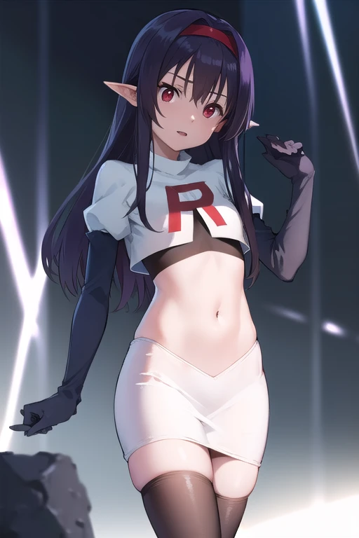 yuukikonno, yuuki konno, hairband, long hair, pointy ears, purple hair, (red eyes:1.5), (small breasts:1.2), open mouth,
BREAK team rocket,team rocket uniform,white skirt,red letter R,crop top,black thigh-highs,black elbow gloves,
BREAK looking at viewer,
BREAK outdoors, forest, nature,
BREAK (masterpiece:1.2), best quality, high resolution, unity 8k wallpaper, (illustration:0.8), (beautiful detailed eyes:1.6), extremely detailed face, perfect lighting, extremely detailed CG, (perfect hands, perfect anatomy),