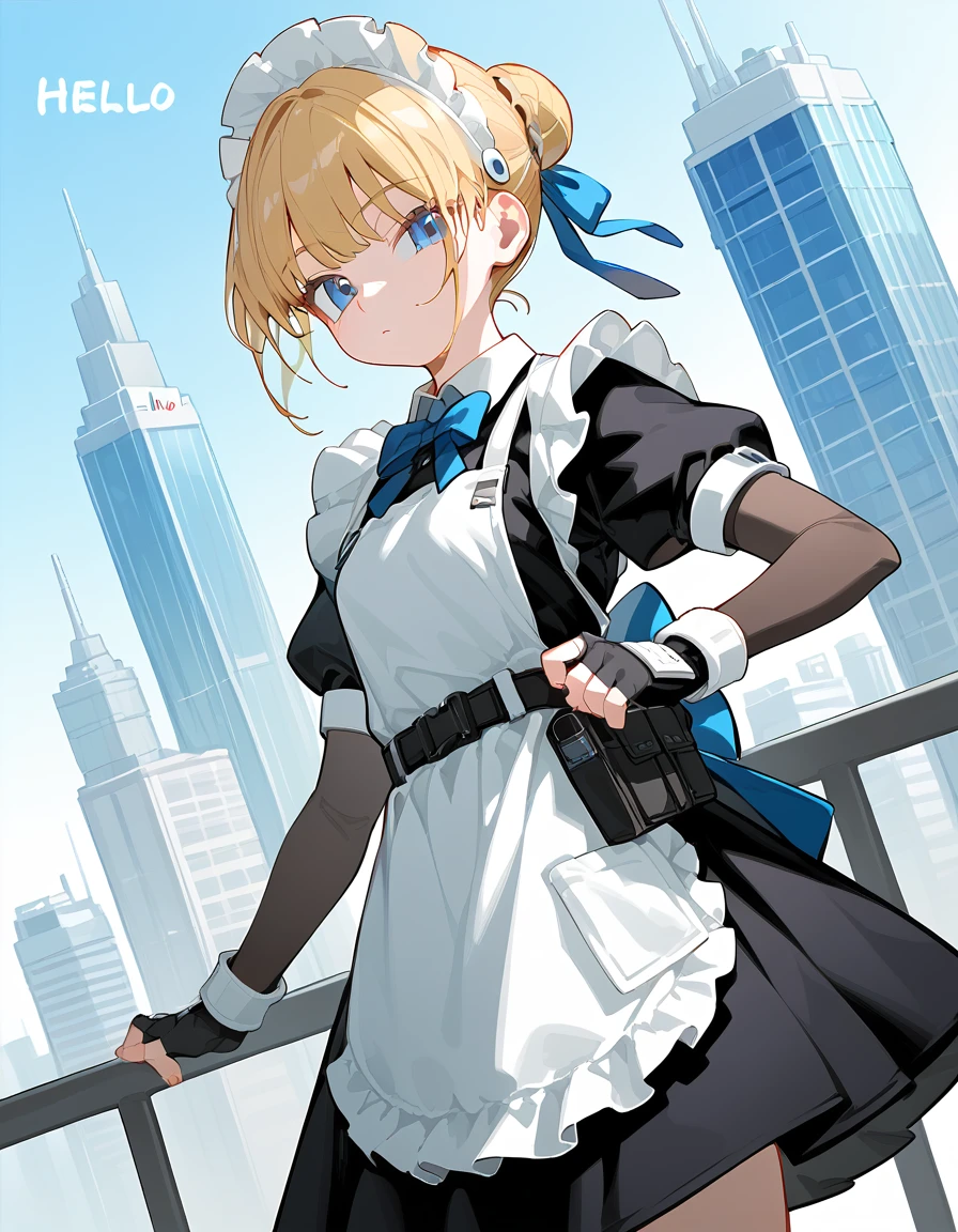 score_9, score_8_superior, score_7_superior, sauce_anime,
of courseasuma, of course, Blonde, blue eyes,
Hair Bun, short hair, Hello, apron, belt Pouch, black dress, black gloves, blue bow, bow, dress, elbow gloves, fingerless gloves, gloves, Hello, Long sleeve, Maid, Maid apron, Maid headdress, Pouch,
Outdoor, Cityscape, I had already finished,
View your viewers, Dutch Angle, Cowboy Shot、whole body、Dynamic pose