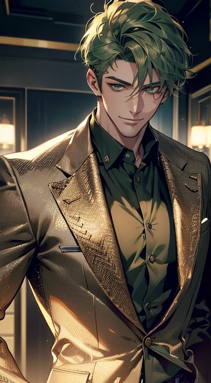(best quality, masterpiece, 8K, photorealistic, cinematic lighting, hdr image, ultra detailed, beautiful image), a mature man, very handsome, smile, short green hair, golden eyes perfect, perfect face without errors, ((buttoning the jacket, CEO))