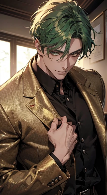 (best quality, masterpiece, 8K, photorealistic, cinematic lighting, hdr image, ultra detailed, beautiful image), a mature man, very handsome, smile, short green hair, golden eyes perfect, perfect face without errors, ((buttoning the jacket, CEO))