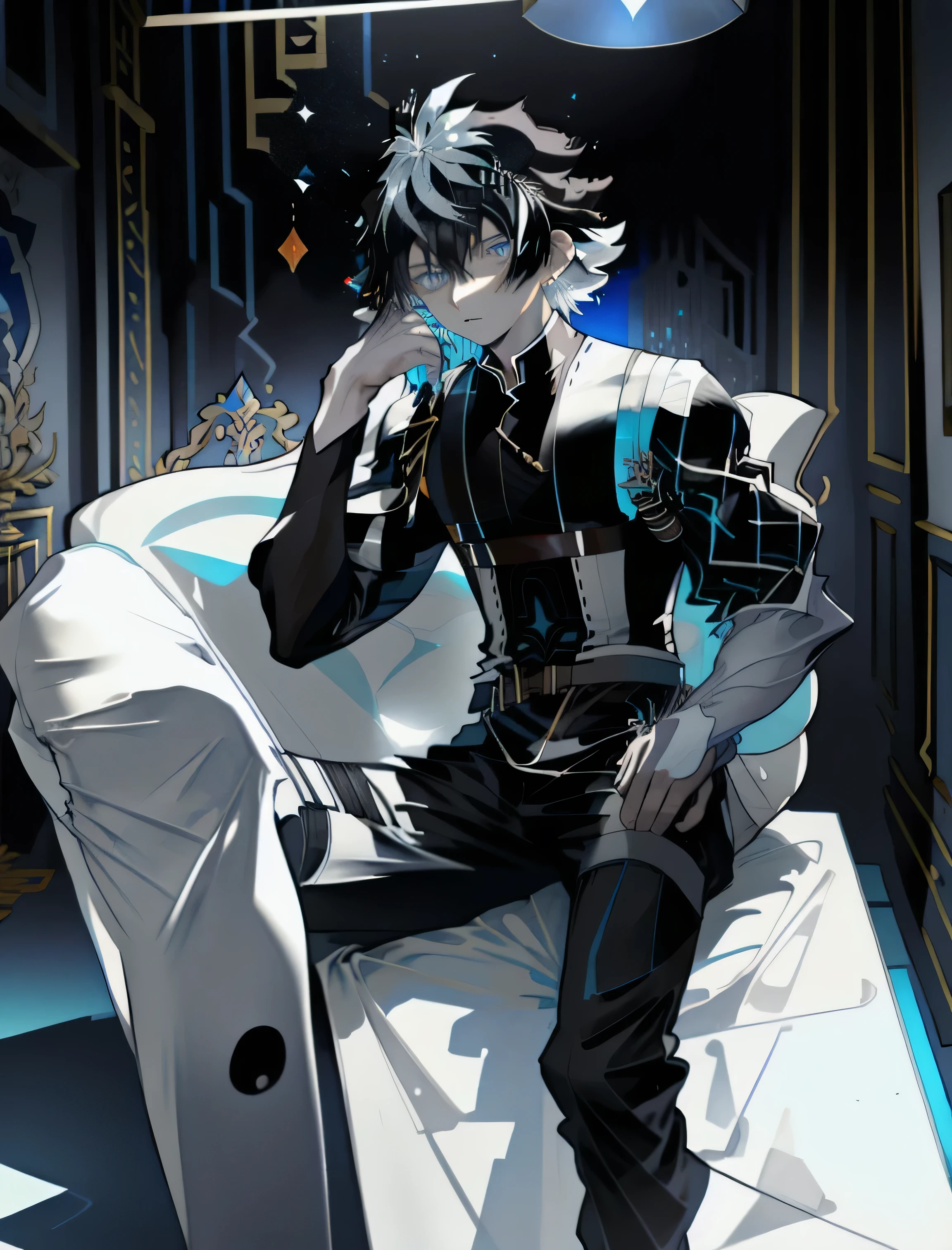 absurdres, uhd, 8k, masterpiece, best quality, highres, 1boy, charlemagne\(fate\), light blue eyes, black and white hair, multicolored hair, two-tone hair, black pants, curled up on couch, lounging, additional lighting, studio lighting,