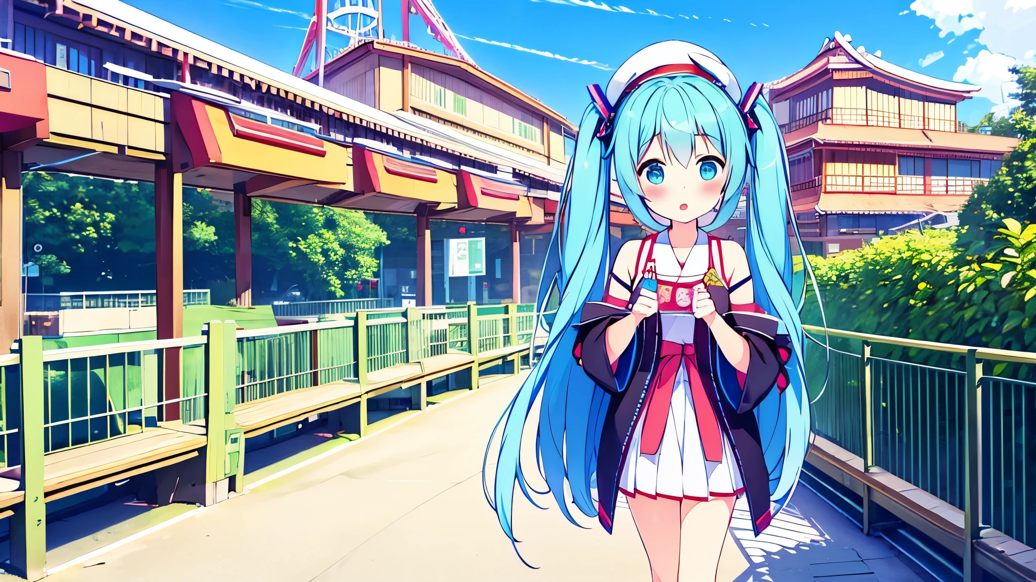 masterpiece、Superior image quality、超High resolution、Miku Hatsune、blue hairs、two-tailed、blush、mock、Open your mouth a little、casual clothes、casual miniskirt、Wearing a small beret、japanese amusement park