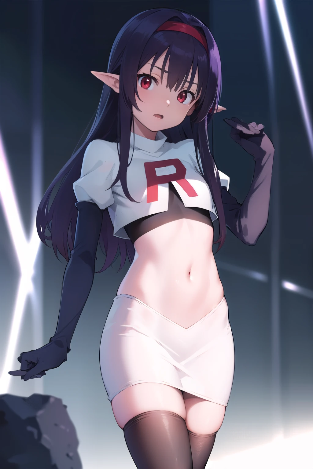 best quality,masterpiece,Super Resolution, 8K , 18 years old ,
kkkrumi2Z, ( kkkrumi2Z\(low-tied long hair\):1.3) ,low twintails ,kkkrumi2Z\(hair over one eye\), kkkrumi\(Hair Accessories\) , Evil smile, team rocket,team rocket uniform, red letter R, white skirt,white crop top,black thigh-highs,black elbow gloves