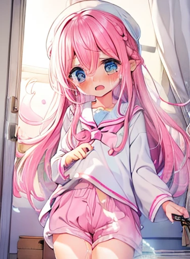 ((??????)、blush、Embarrassing、trembling、??????、Tears、Open your mouth、Peeing:1.5)、Beautiful illustrations, Highest quality, (12-year-old girl:1.4)、(pretty girl:1.5)、 girl、Flat Chest、Sailor collar、(White long tunic:1.4)、Long sleeve sailor suit、Blue-line cuffs、(Pink Chino Shorts:1.7)、(Pink shorts with wide openings:1.6)、Gap between thigh and shorts、Thin thighs、White socks、 Cinema Lighting, (Pink long hair)、Pink Straight Hair、Redness on the cheeks、(Braiding of the back of the head)