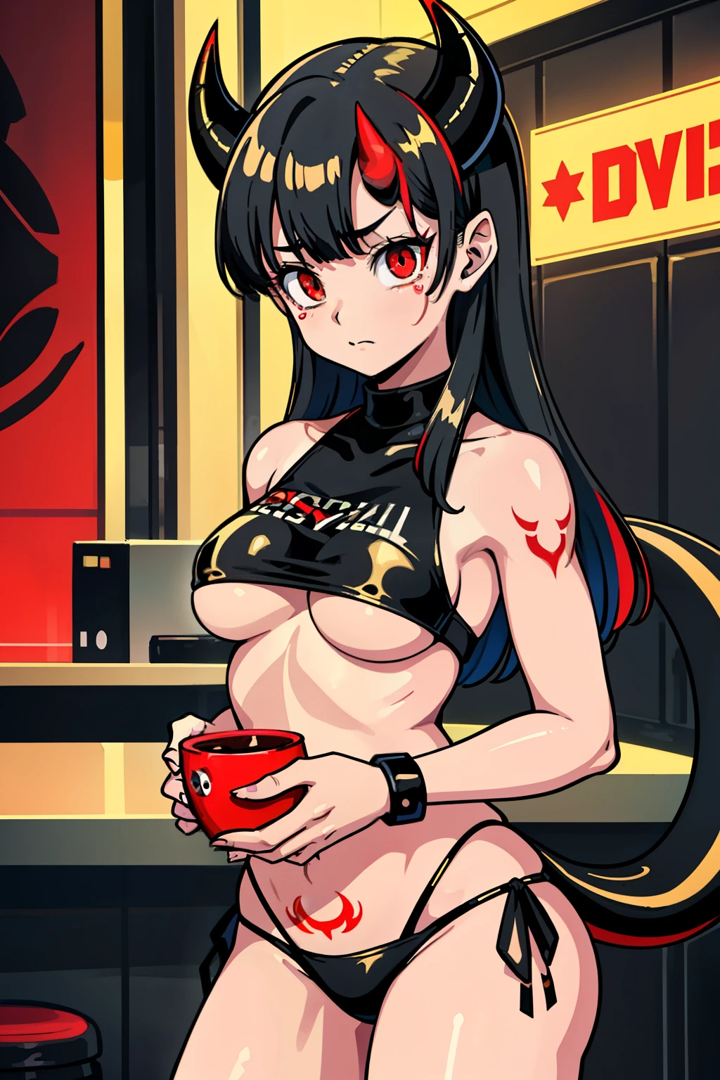 best quality, masterpiece, 1 girl, devil girl, sobbing, (bright red eyes:1.3), (black horns, devilish tail:1.4), long hair with bangs, tattooed body, black and gold bikini, standing in cyberpunk diner, (medium breast, under boobs:1.2)