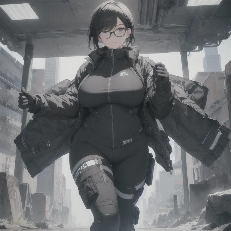 Absurd resolution,high resolution,(masterpiece: 1.4),hyper-detail,fullbody shot head to toe,full frontal camera perspective,solo,shorter,standing, glasses,kemono feline cat futanari, puffy inverted nipple silhouette,no skin other than neck and head shown,airtight suit with groin padding,black hair,messy ponytail,cute face,detailed soft grey luminous eyes,huge massive hyper super swollen heavy milky breasts,breasts so big that cover her whole torso and are bigger than her head while being so big they reach her belly button,extremely super large swollen perky heavy bust,super huge enormously gigantic tits,gigantic breasts stretching/straining out of her outfit looking like they are about to burst out,breasts compressed squishing barely contained in outfit,inflated breasts,breasts_expansion,super gigantic swollen heavy tits,wide full hips,narrower torso and shoulders,smaller torso,narrower waist,full thicc big soft thighs,thicc big full thighs,big rounded full soft butt,thicc butt,ruggedized utility styled outfit,fully insulated suit,full body outfit coverage with no skin showing or revealed,airtight/watertight zippers and seals,scifi monochrome black and grey fullbody covering protective padding rugged loose-fitted pilot utility suit with strategically placed protective padding,white zipped utility cropped top for breasts support with a black strap horizontal across cleavage worn on top of suit,tactical strategic angular-patterned protective padding on hips and thighs and abdomen,practical/functional clothing,weather-proof durable clothing material,nylon clothing material,custom made clothing to fit and support large breasts,scifi padded rugged rigid high collar cropped cutout fitted techwear jacket,armored high collar,white and black triangular decals and techwear iconography on apparel and clothing,techwear gloves,ruggedized tech,ruggedized tech aesthetic,fitted utility pants,utility chaps,near future scifi,cyberpunk aesthetic,anime aesthetic,tactical aesthetic