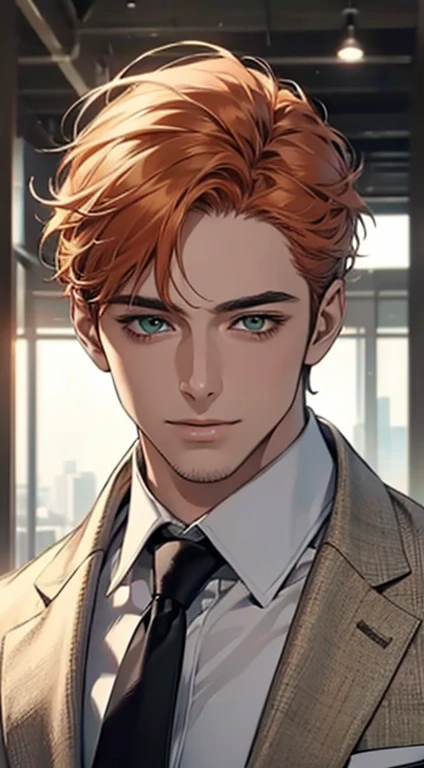 (Highest quality,4K,8K,High resolution,masterpiece:1.2),Super detailed,(Realistic,photoRealistic,photo-Realistic:1.37),1 person,31 years old,Mature Men,Beautiful skin、very handsome,Expressionless smile in love,Short  orange hair,green eyes,Sharp Eyes,A perfect face without a doubt,Businessman,Office Background,Cinema Lighting,HDR image,tie、