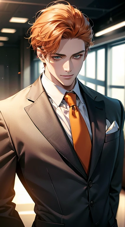 (Highest quality,4K,8K,High resolution,masterpiece:1.2),Super detailed,(Realistic,photoRealistic,photo-Realistic:1.37),1 person,31 years old,Mature Men,Beautiful skin、very handsome,Expressionless smile in love,Short  orange hair,green eyes,Sharp Eyes,A perfect face without a doubt,Businessman,Office Background,Cinema Lighting,HDR image,tie、