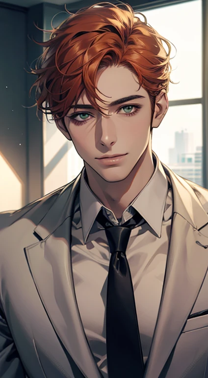 (Highest quality,4K,8K,High resolution,masterpiece:1.2),Super detailed,(Realistic,photoRealistic,photo-Realistic:1.37),1 person,31 years old,Mature Men,Beautiful skin、very handsome,Expressionless smile in love,Short orange hair,green eyes,Sharp Eyes,A perfect face without a doubt,Businessman,Office Background,Cinema Lighting,HDR image,tie、