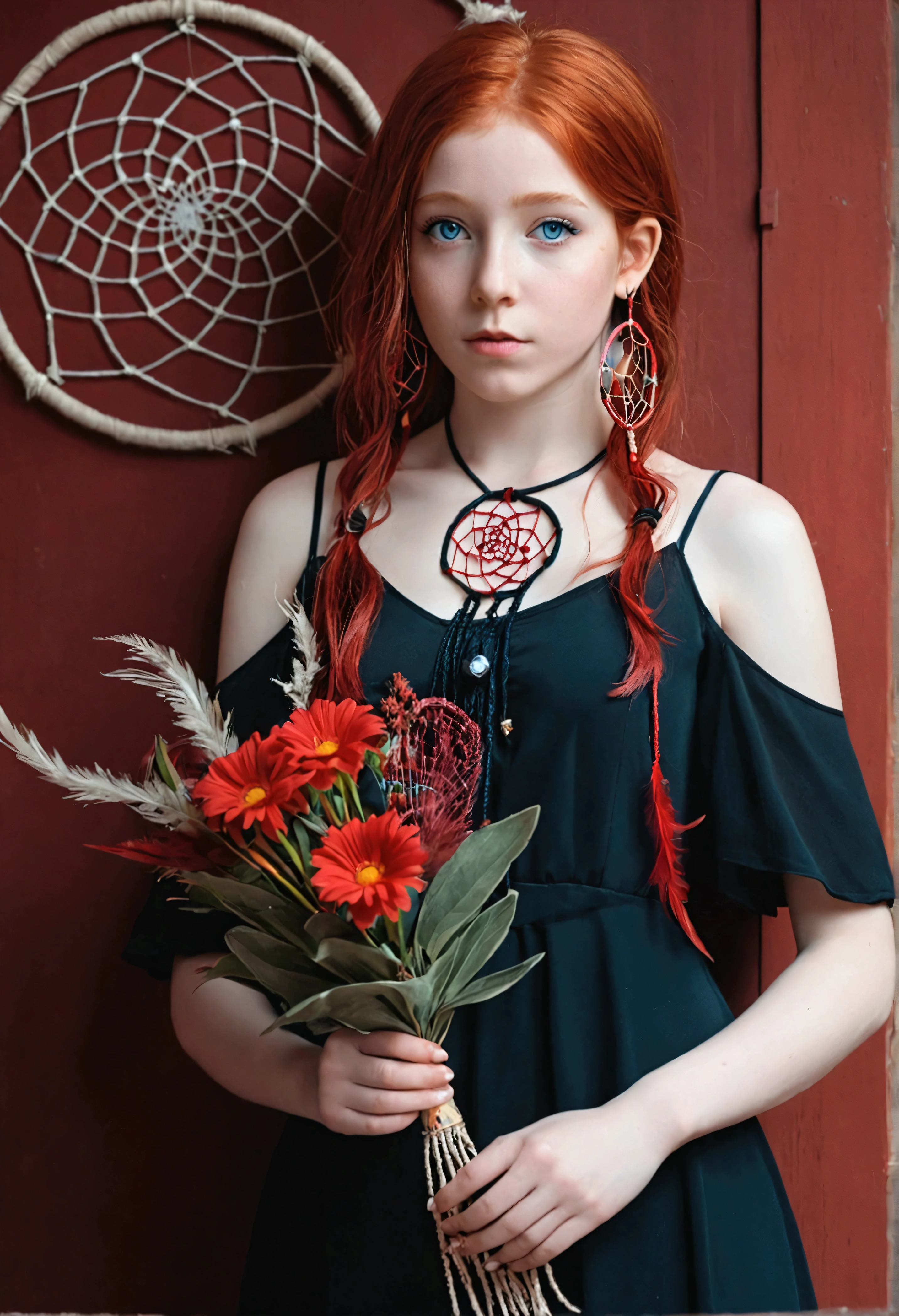 (highest quality, masterpiece), (1 girl, alone, black dress, Are standing , looking at the viewer, red hair, blue eyes, holding bunch of flowers , closed mouth, Upper body), (red dream catcher in the back, Red flower, )