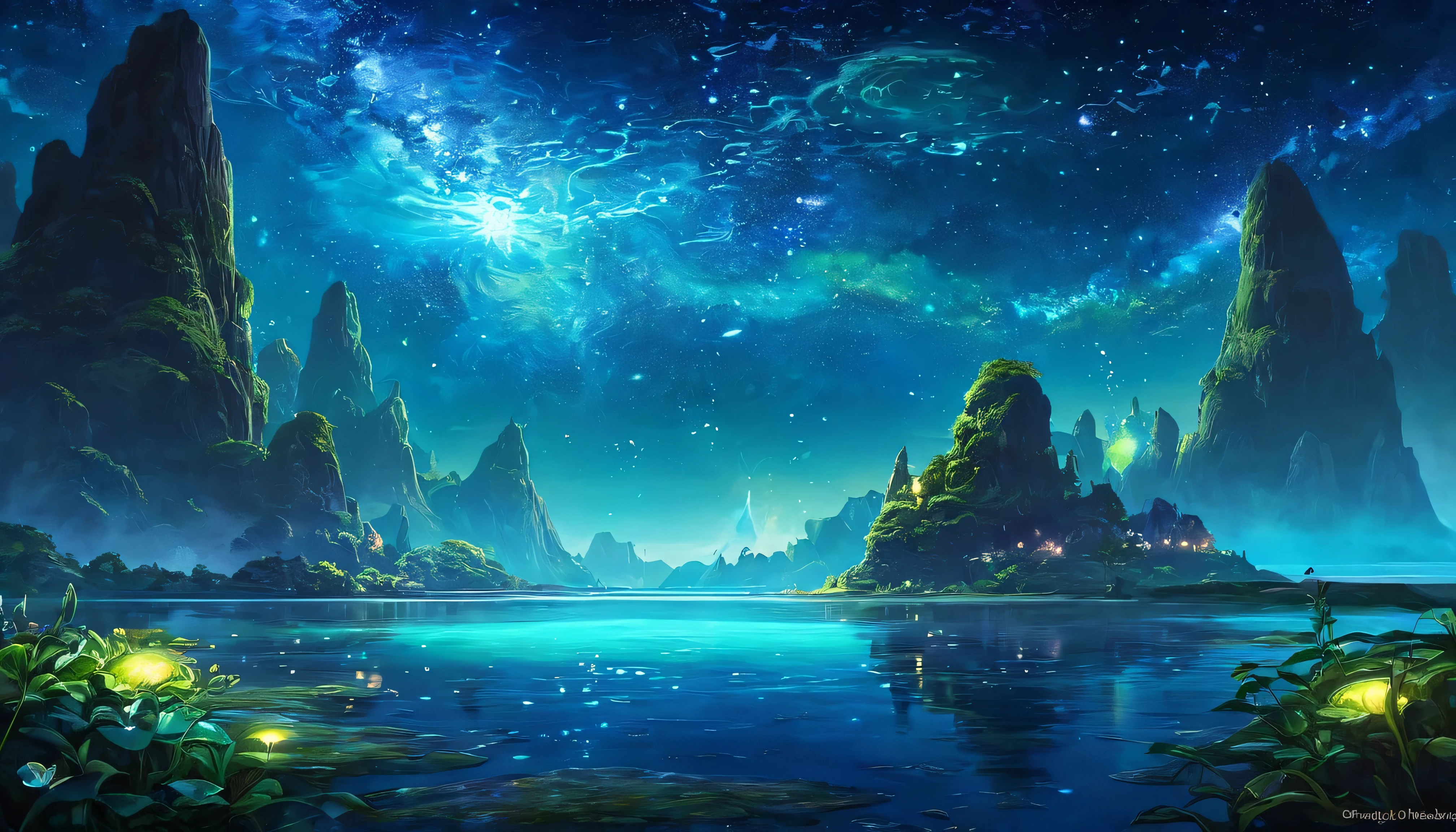 Design a serene, otherworldly landscape with bioluminescent plants and floating islands under a starry sky. Include a gentle river with crystal-clear water, reflecting the galaxy above. Add mythical creatures like dragons or fairies to enhance the magical atmosphere."