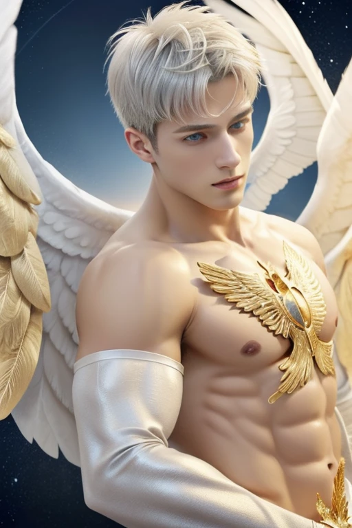 Full body shot (close-up:1.5),muscle,menstoga,in white and gold costume, male focus, solo, 1boy, (bare shoulders),looking at viewer, ice blue eyes,nude,(Seraphim:1.5), (multiple wings:1.5), in the sky, (floating:1.3), (midair:1.5), cloudan with wings), angel wings, glowing, bloom, platinum hair, outdoors, stars,golden feathers, (gold magic swirling),(Masculine face:1.2), half body shot