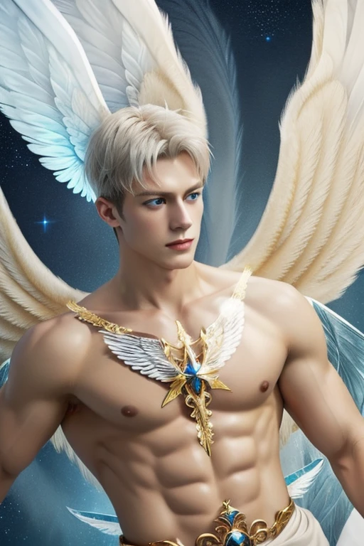 Full body shot (close-up:1.5),muscle,menstoga,in white and gold costume, male focus, solo, 1boy, (bare shoulders),looking at viewer, ice blue eyes,nude,(Seraphim:1.5), (multiple wings:1.5), in the sky, (floating:1.3), (midair:1.5), cloudan with wings), angel wings, glowing, bloom, platinum hair, outdoors, stars,golden feathers, (gold magic swirling),(Masculine face:1.2), half body shot